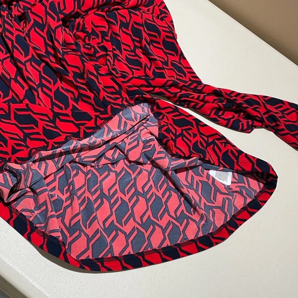 Michael Michael Kors Blouse Top Size L Red Navy Geometric Print Tie Neck - Picture 11 of 11